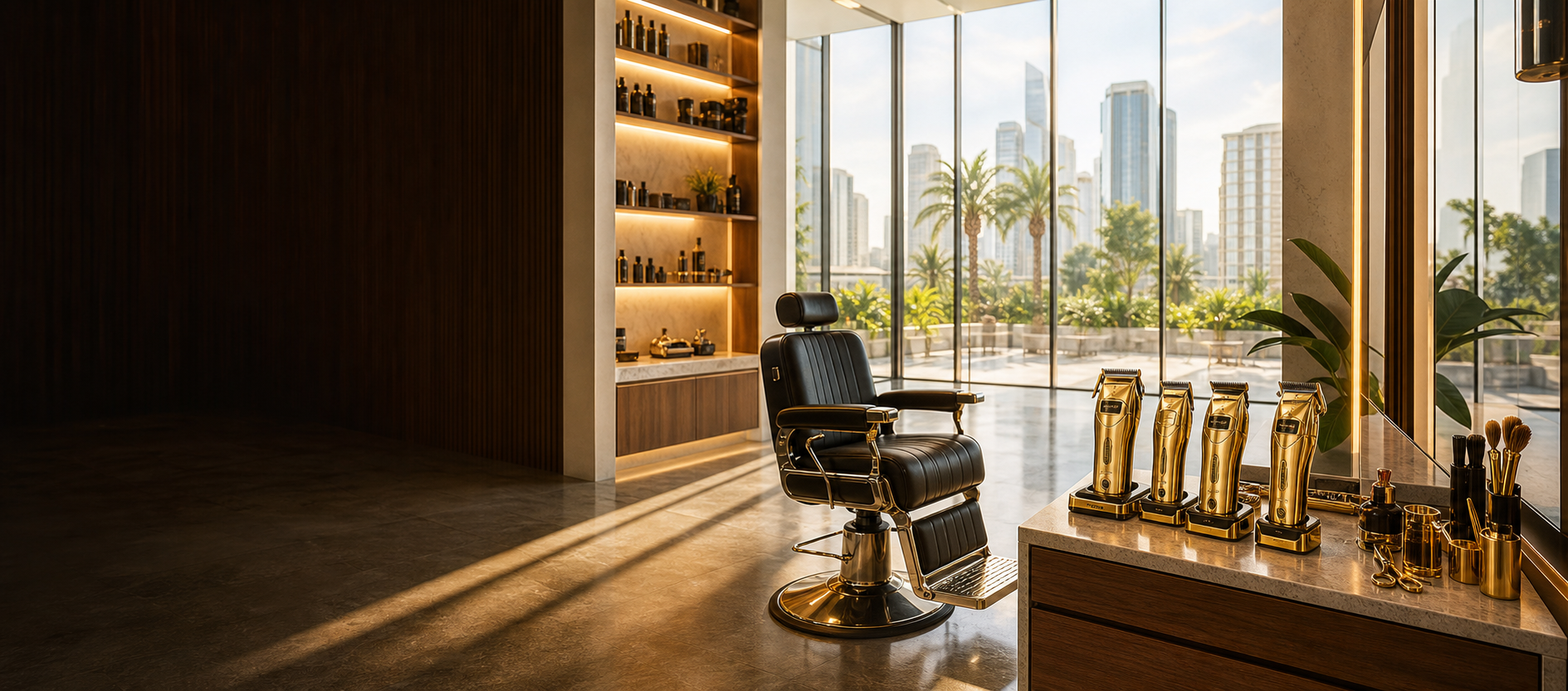 Bright luxury barbershop with one modern chair and gold clippers